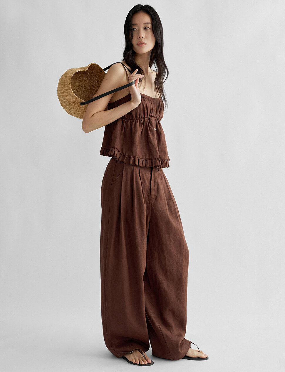Barrel-Leg Linen Pant in Brown-PREORDER