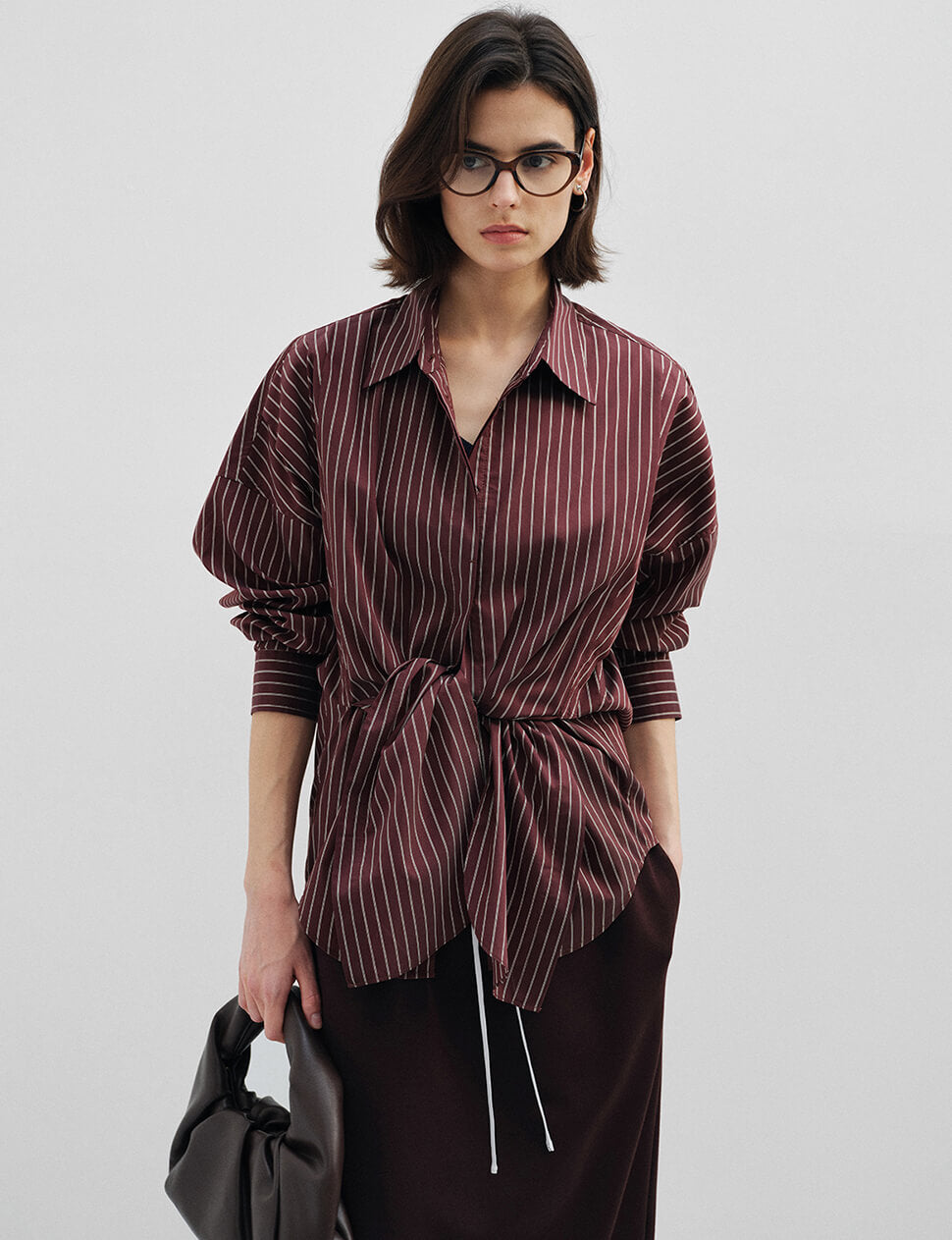 Burgundy Striped Tie Waist Oversized Shirt-PREORDER