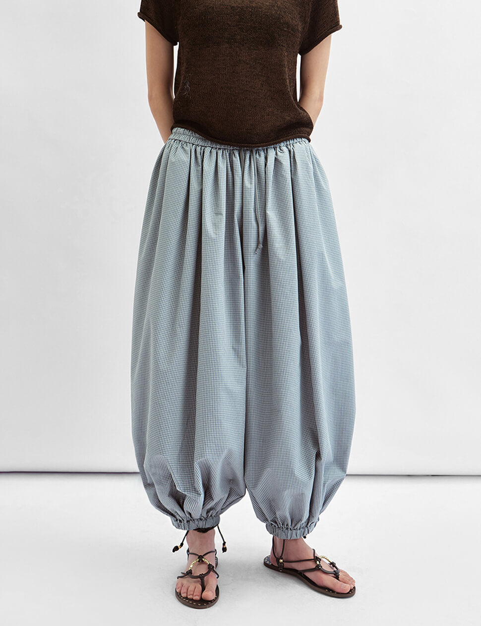 Micro Check Balloon Pants – Wide Leg Drawstring | Pixie Market