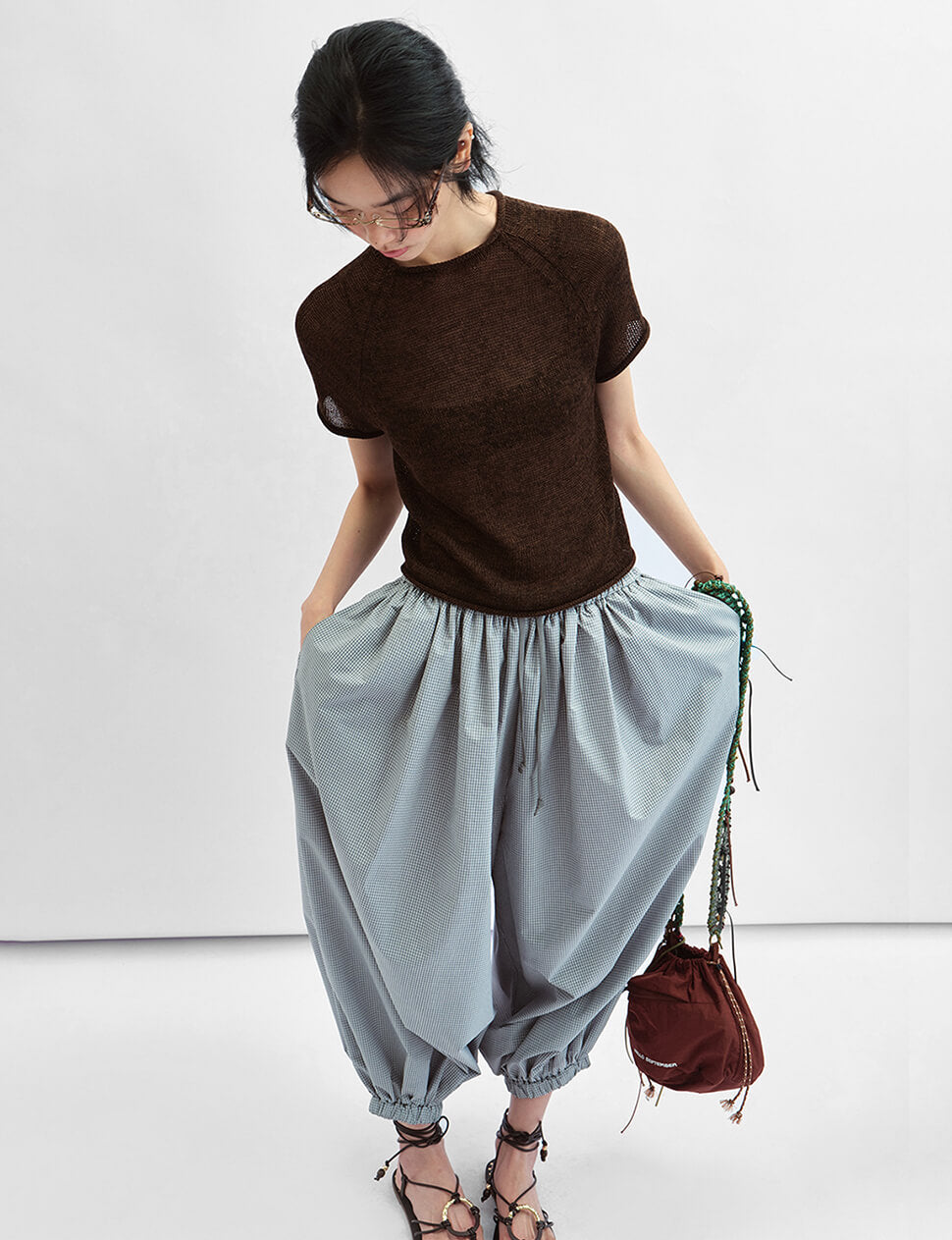 Micro Check Balloon Pants – Wide Leg Drawstring | Pixie Market