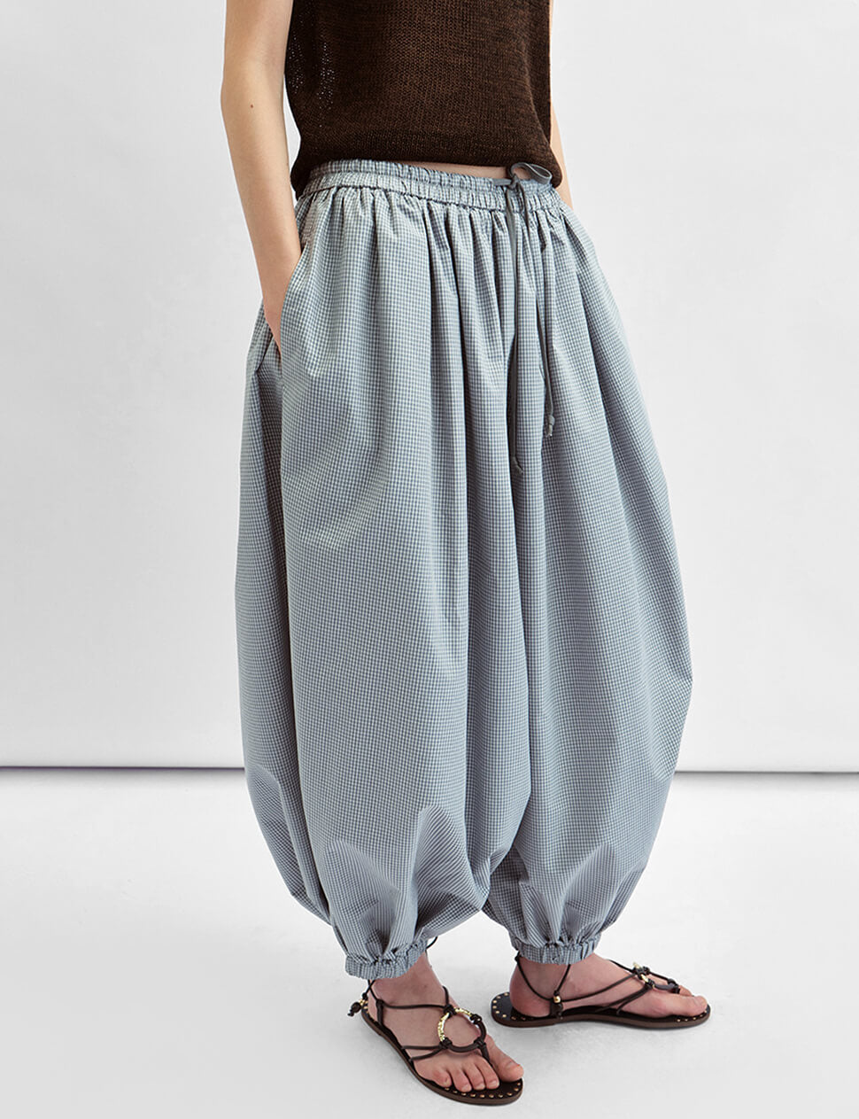 Micro Check Balloon Pants – Wide Leg Drawstring | Pixie Market
