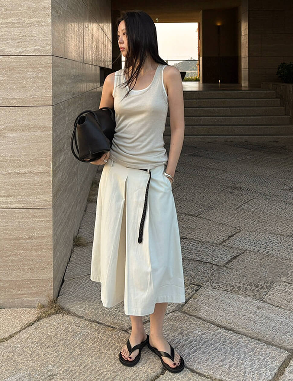 Beige Belted Pleated Long Shorts-PREORDER