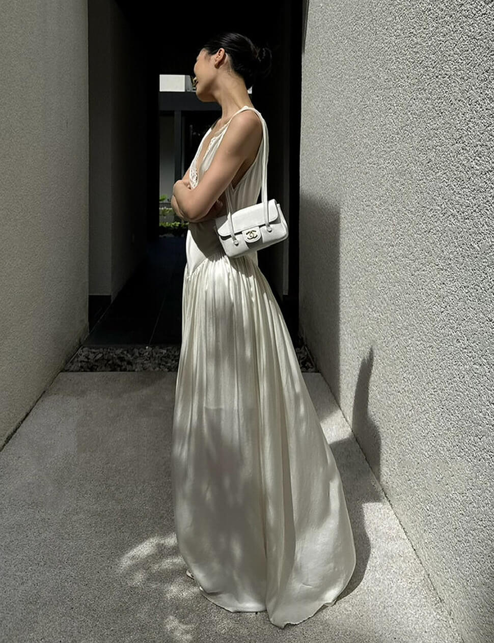 Cream Satin Lace Trim Maxi Dress S Cream Satin Lace Trim Maxi Dress S
