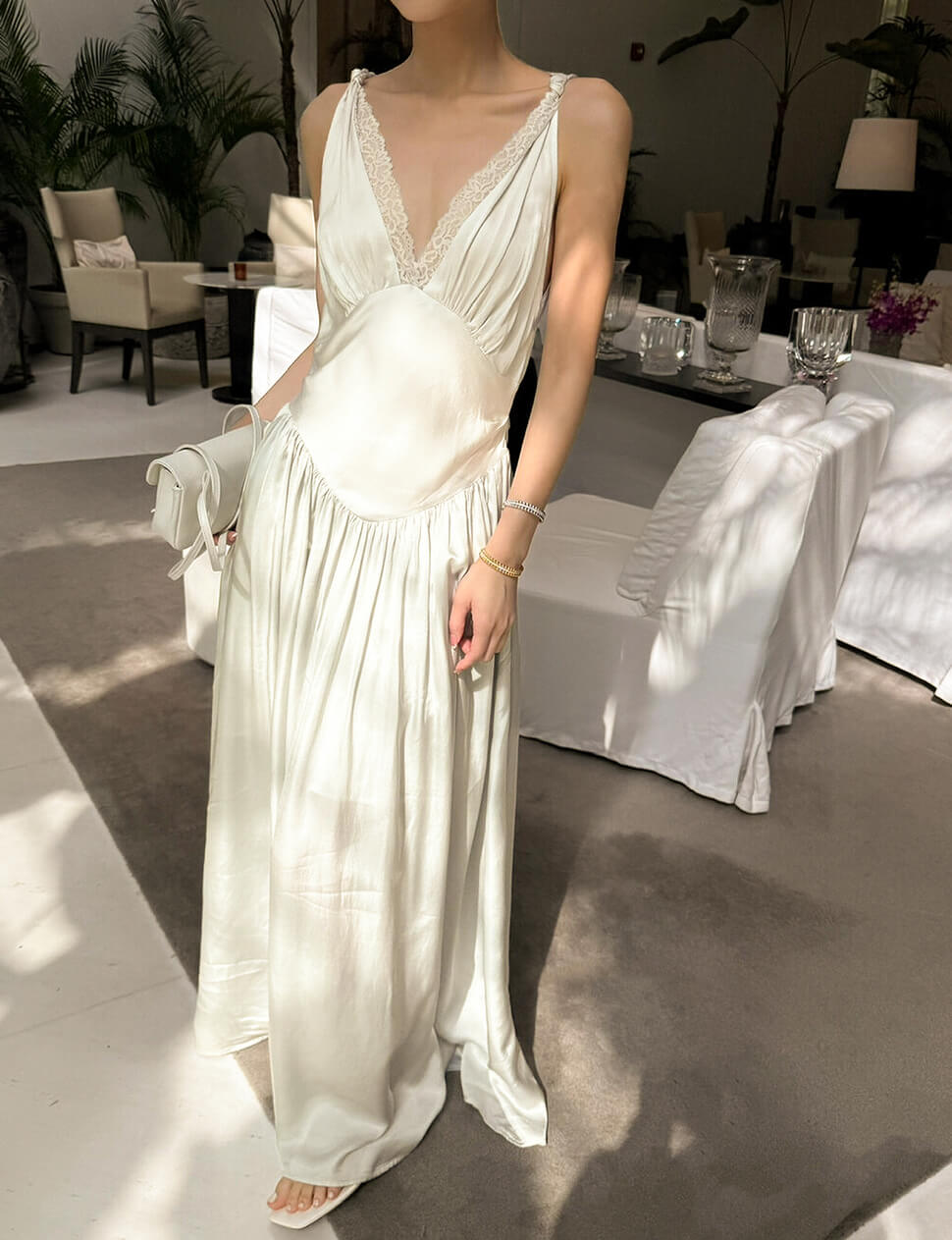Cream Satin Lace Trim Maxi Dress Cream Satin Lace Trim Maxi Dress