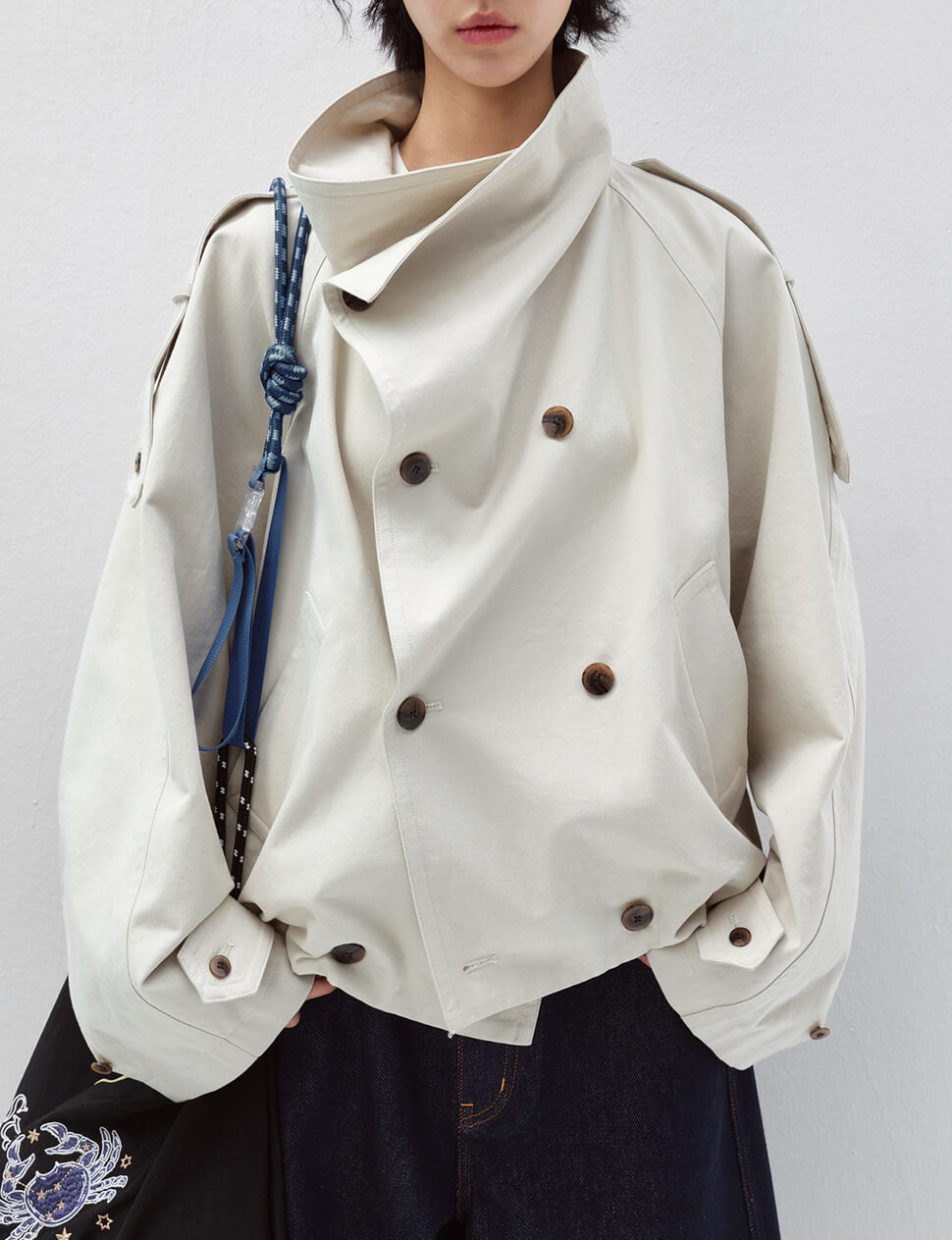 Beige Cropped Funnel Neck Trench Jacket-PREORDER