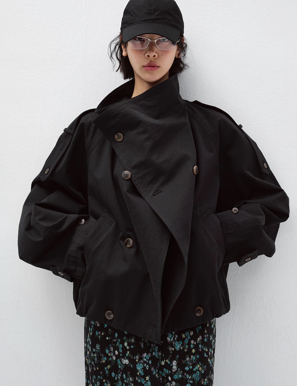 Black Cropped Funnel Neck Trench Jacket-PREORDER