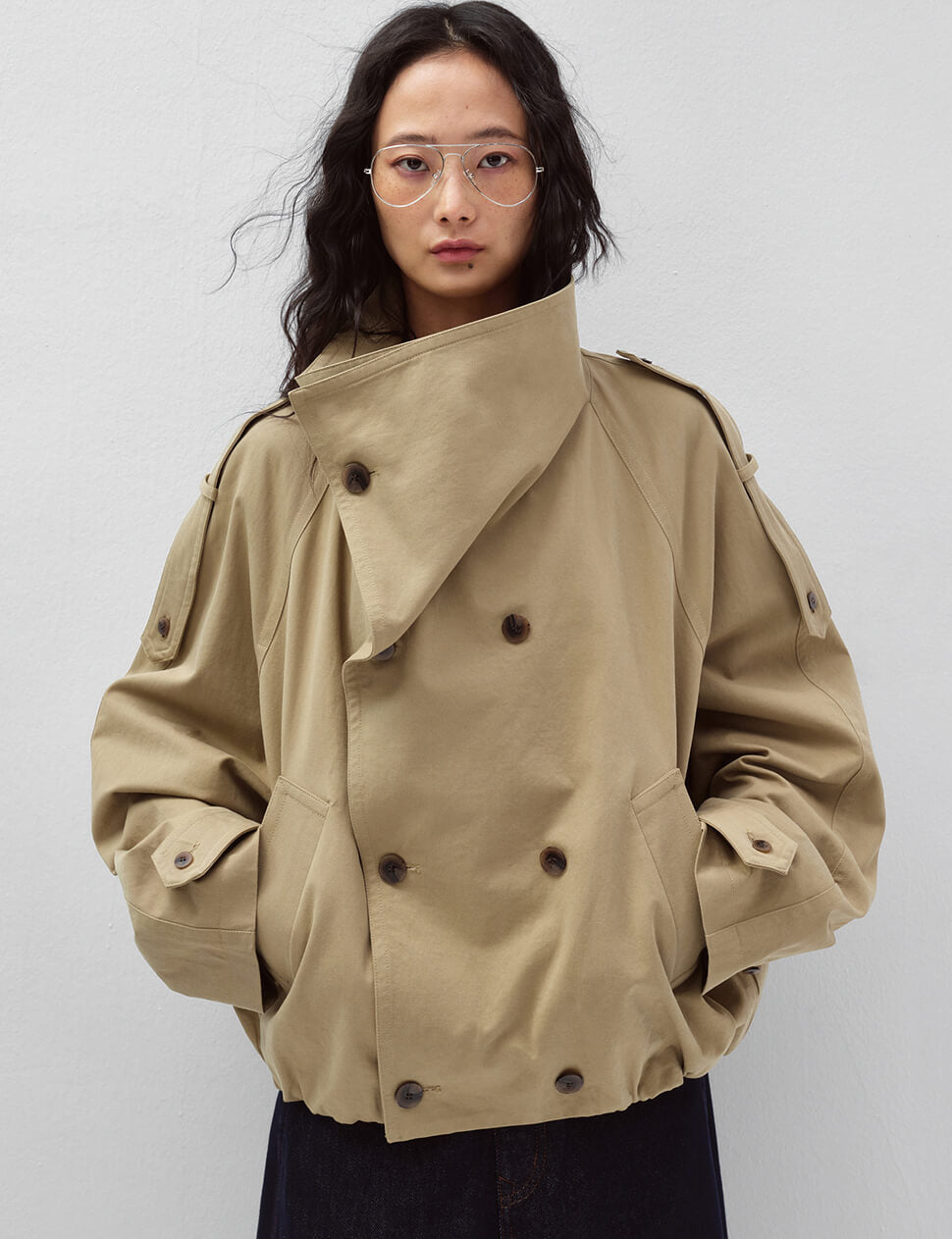 Khaki Cropped Funnel Neck Trench Jacket-PREORDER
