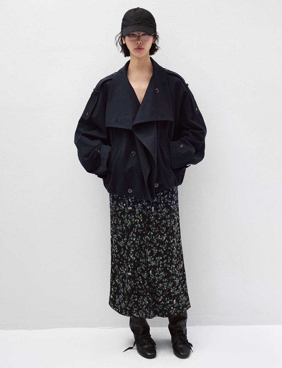 Dark Navy Cropped Funnel Neck Trench Jacket