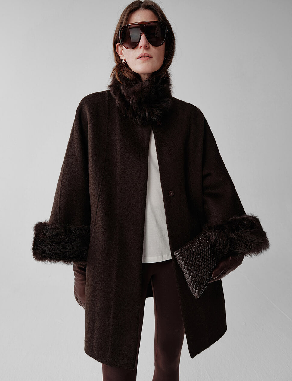Fur-Trim Wool Coat in Chocolate-PREORDER