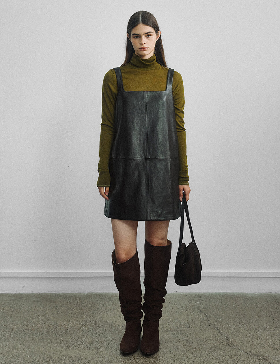 Black Leather Pinafore A-Line Dress-PREORDER