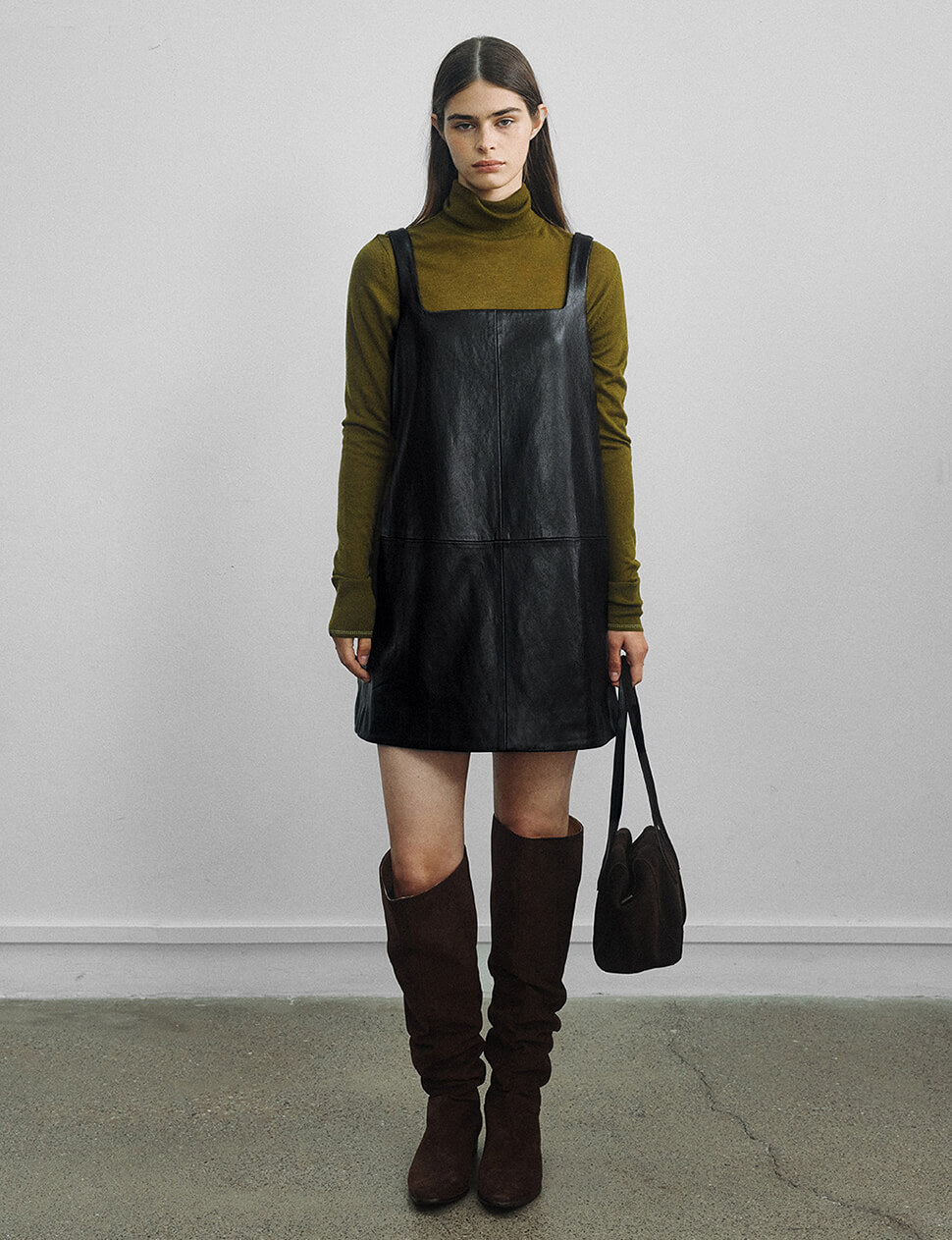 Black Leather Pinafore A-Line Dress-PREORDER