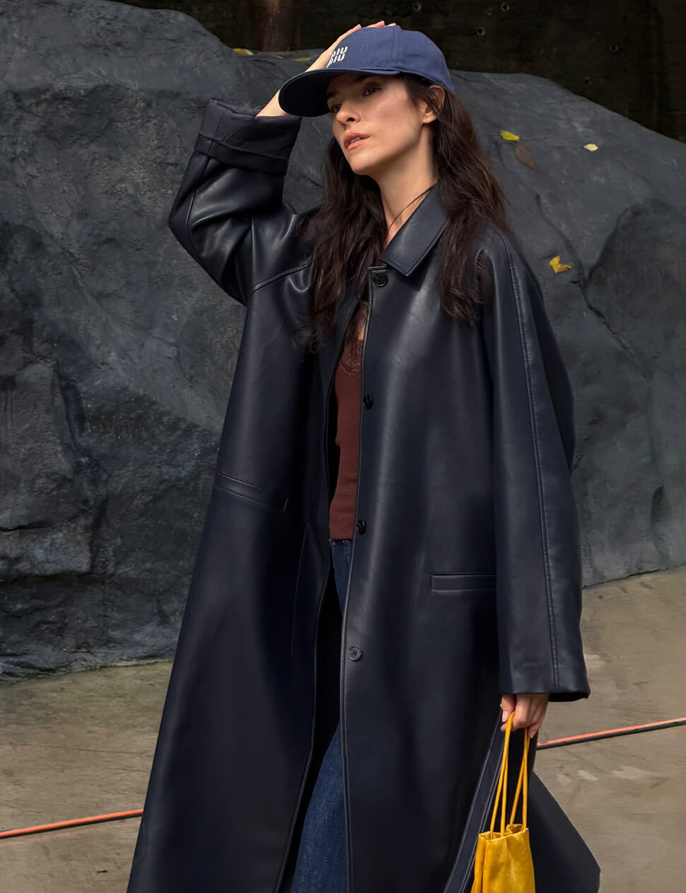 Navy Belted Faux Leather Trench Coat-PREORDER