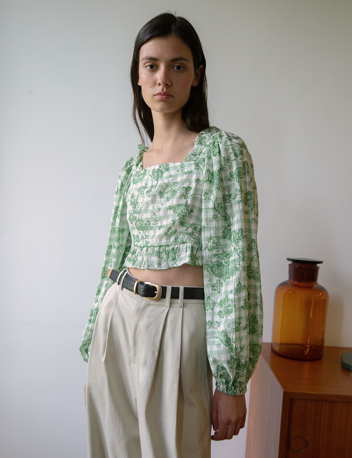 Floral Green Gingham Top