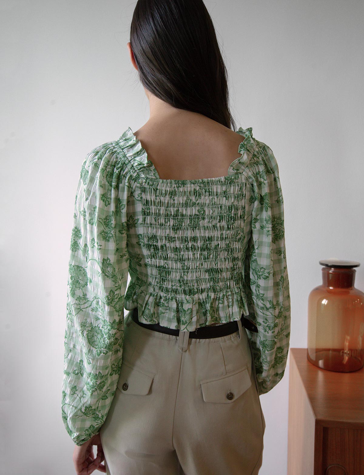 Floral Green Gingham Top