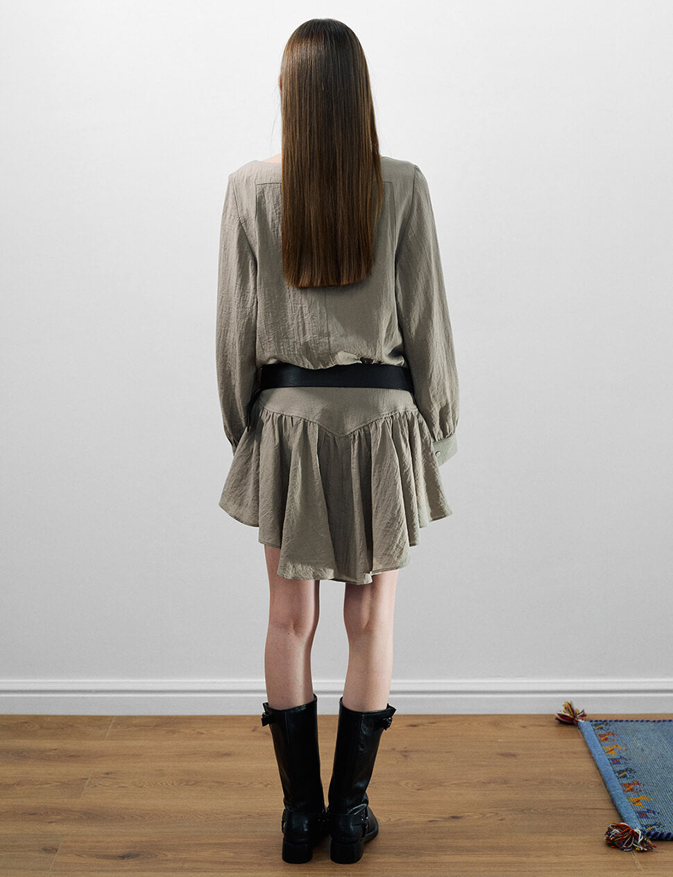 Greige Drop-Waist Gathered Mini Dress-PREORDER