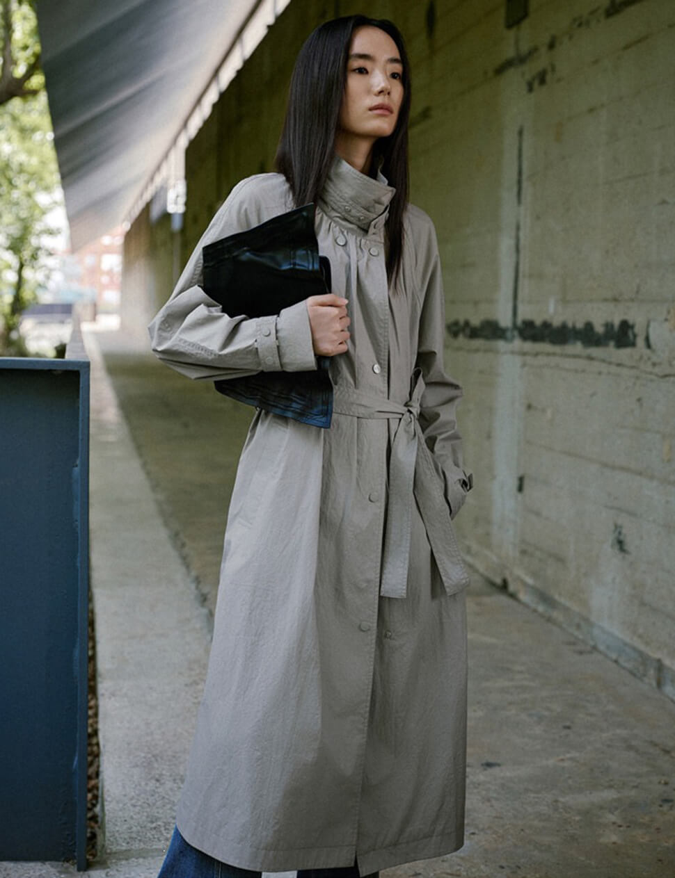 Grey Belted Funnel Neck Longline Trench Coat-PREORDER