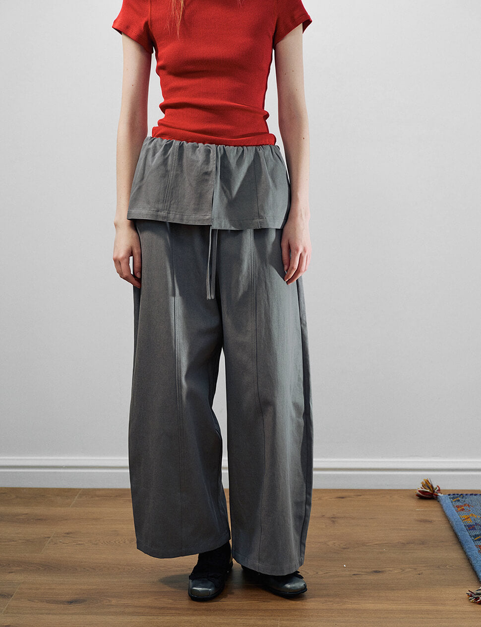 Grey Cotton Crop Barrel Leg Pants With Skirt Overlay-PREORDER
