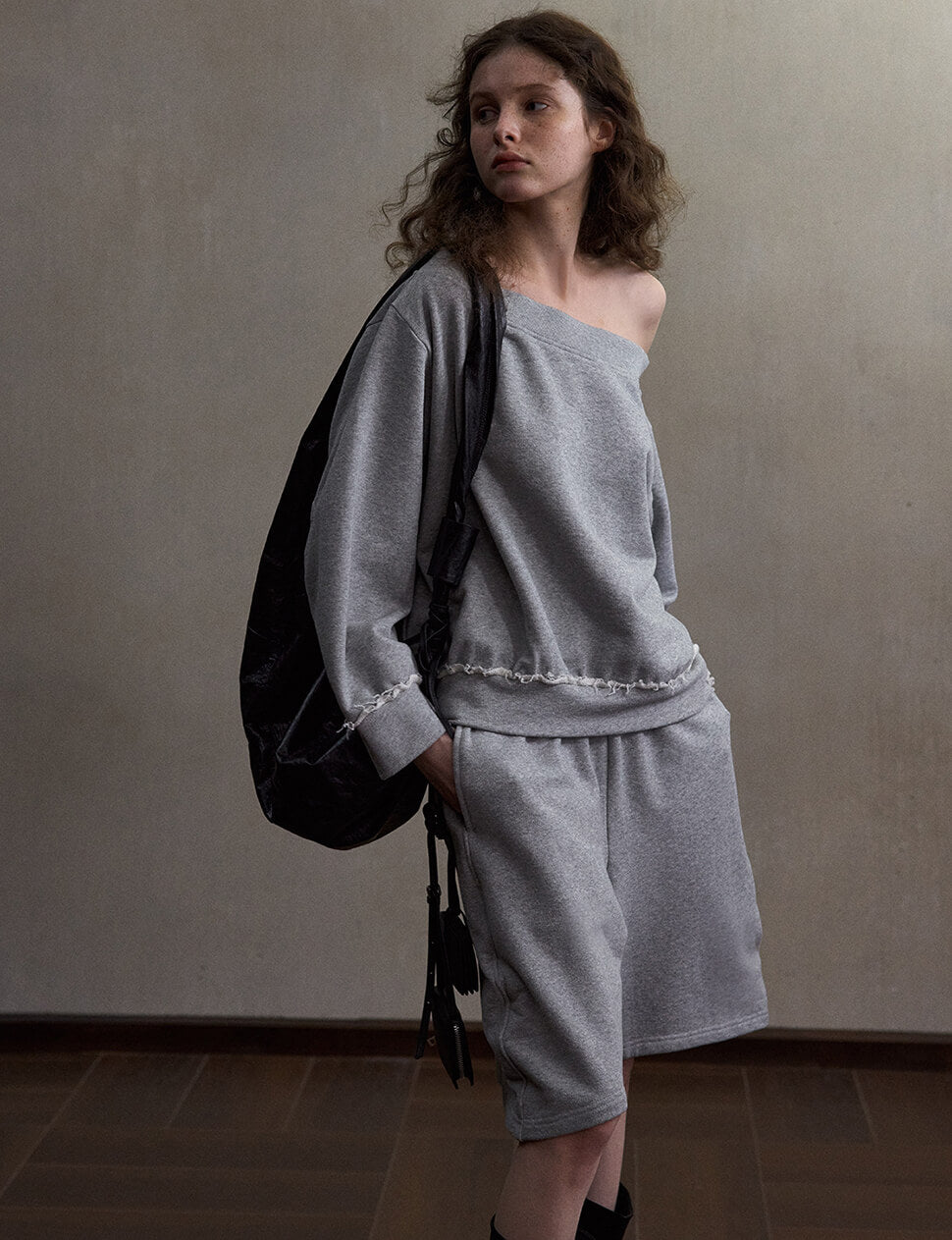Grey Off-Shoulder Oversized Sweatshirt-PREORDER