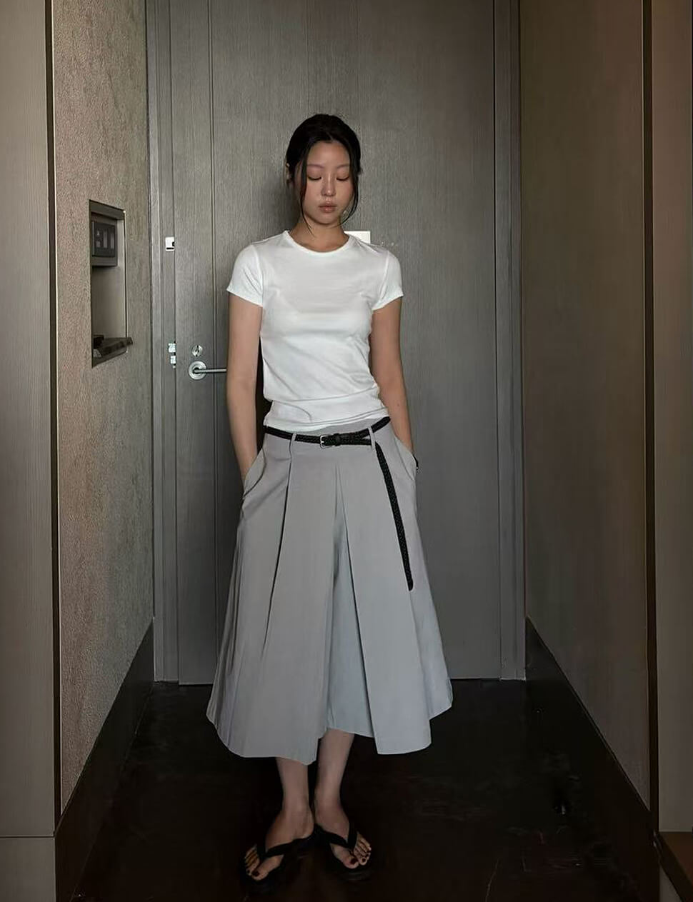 Grey Belted Pleated Long Shorts-PREORDER