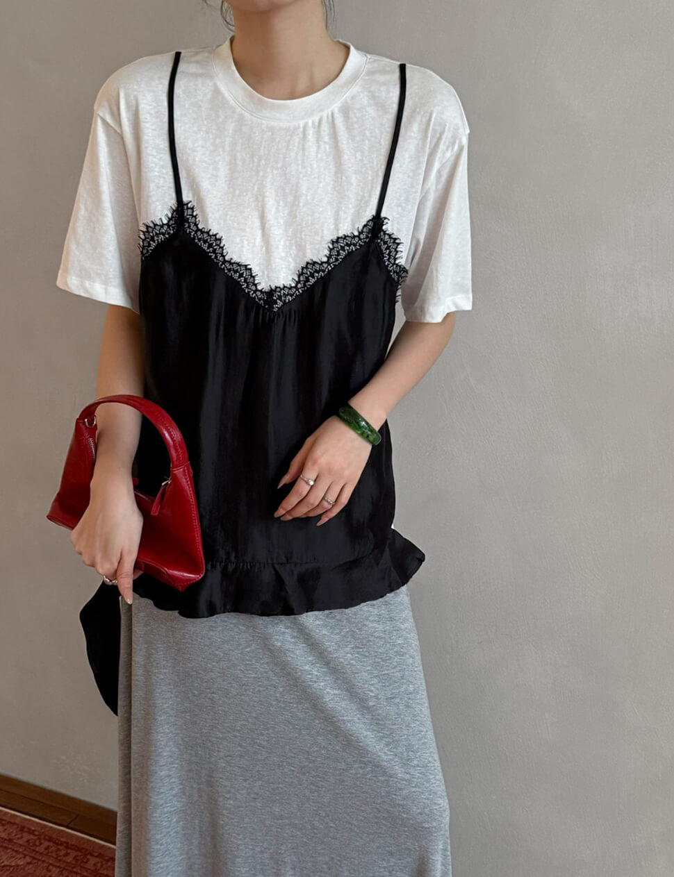 Black Silky Lace Apron Cami Set