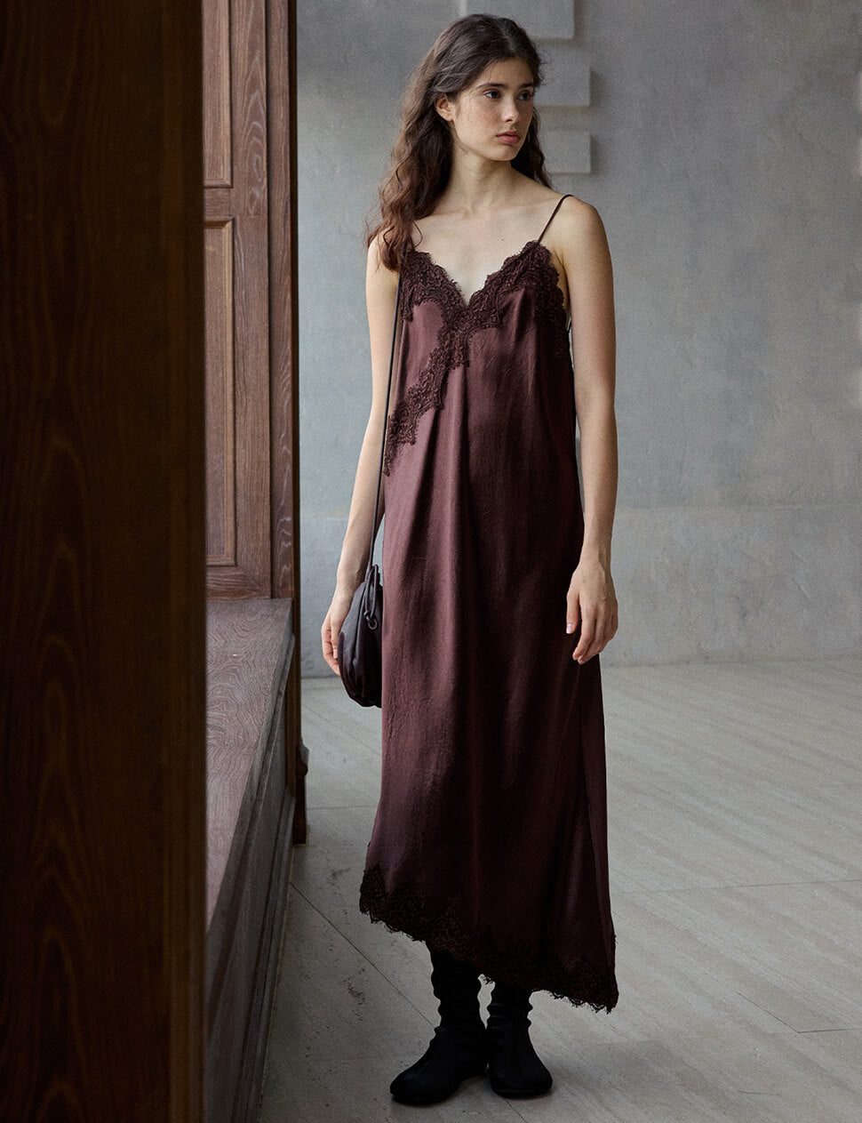 Brown Lace Asymmetric Dress-Preorder