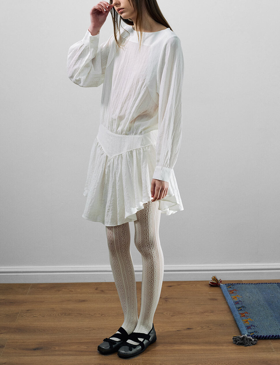 White Drop-Waist Gathered Mini Dress-PREORDER