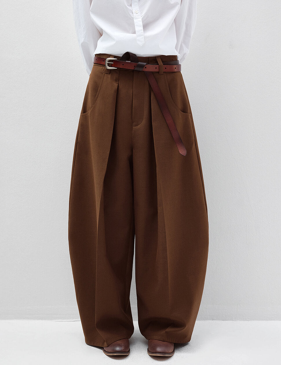 Brown High Waist Barrel Leg Pants-PREORDER