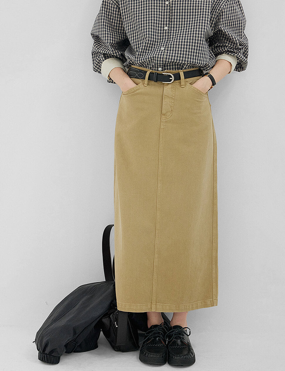 Khaki Denim Straight Cargo Maxi Skirt-PREORDER