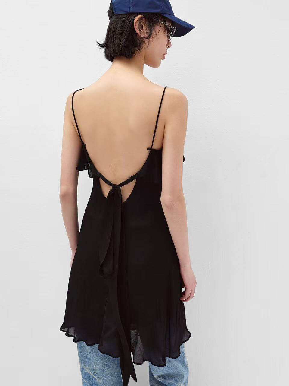 Black Layered Ruffle Semi-Sheer Slip Dress-PREORDER