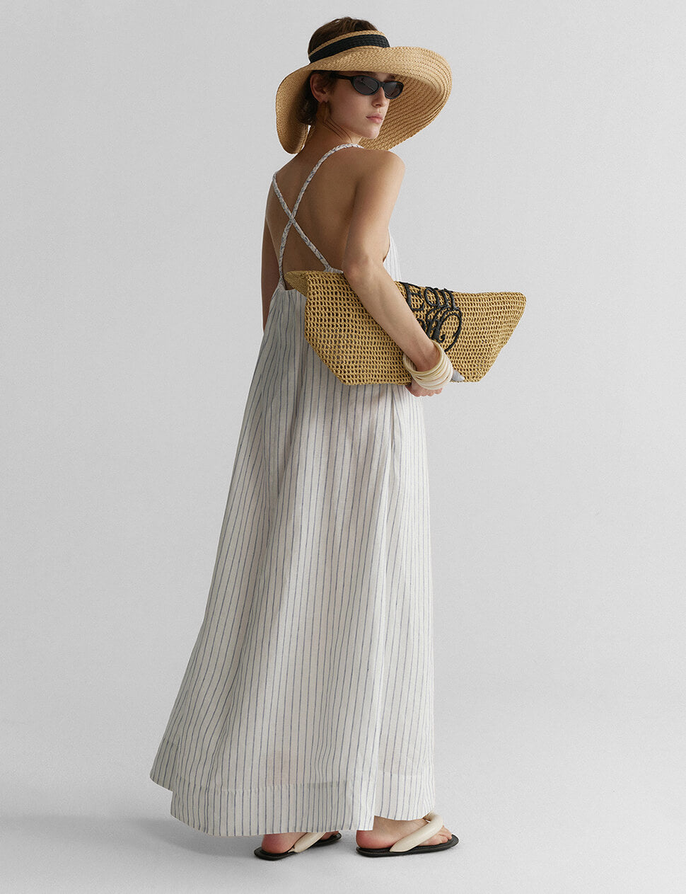 Braided Strap Linen Dress in Blue Stripe-PREORDER