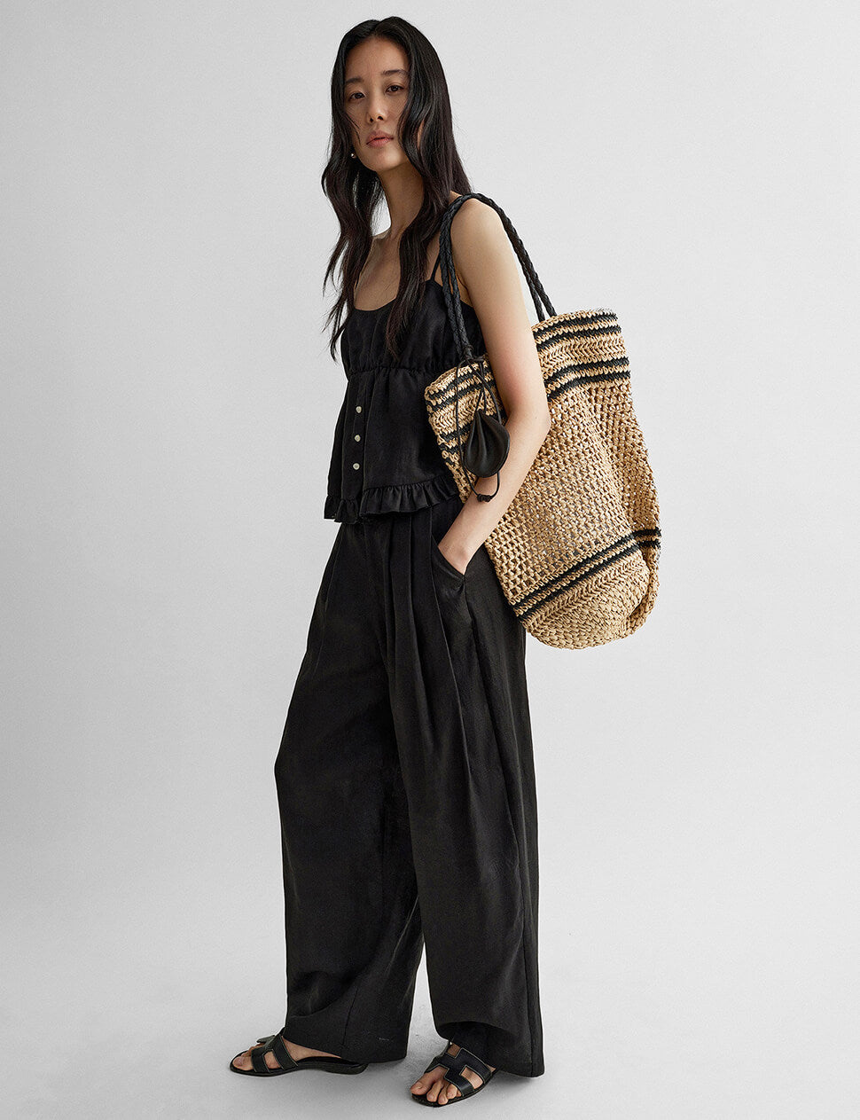 Barrel-Leg Linen Pant in Black-PREORDER