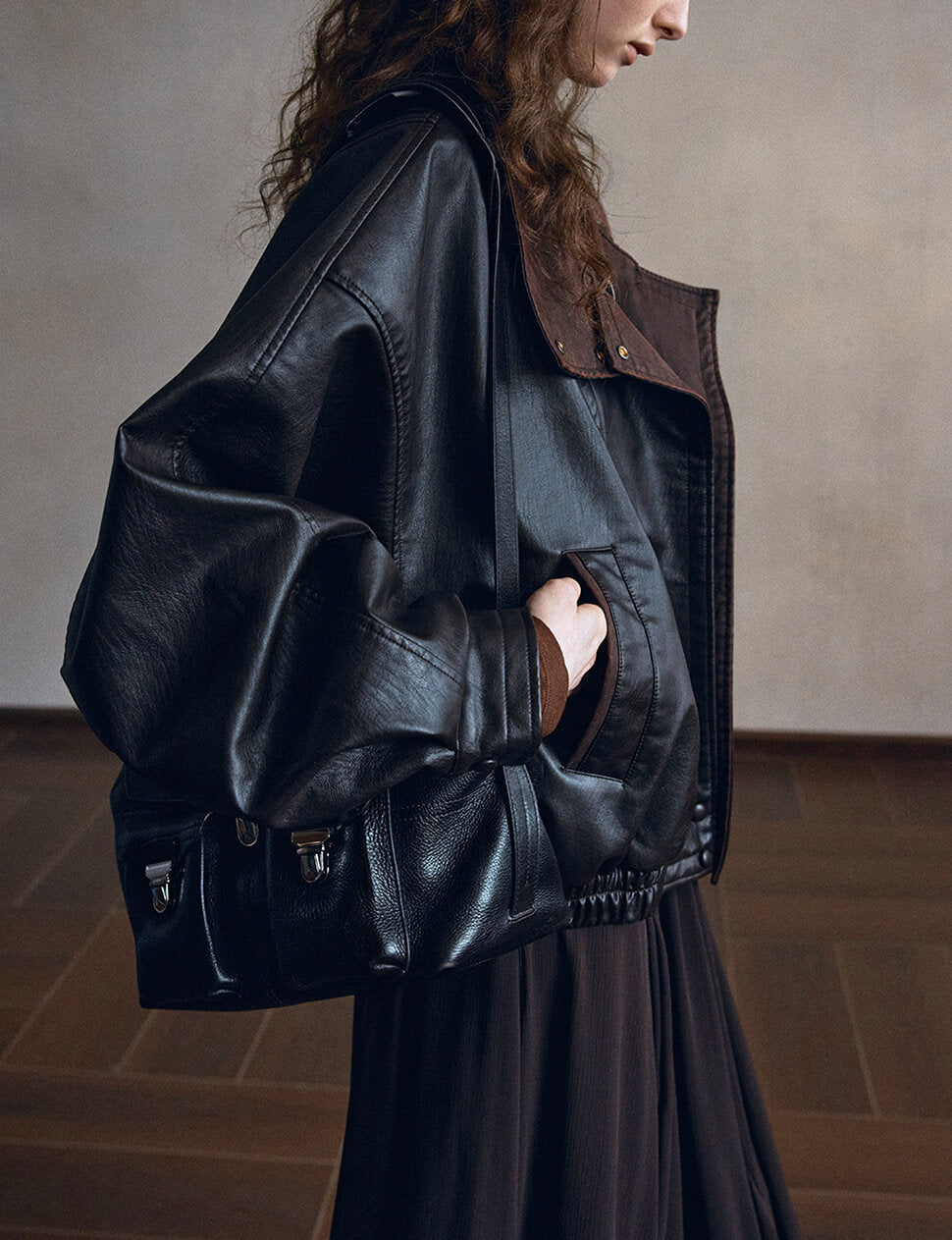 Black Leather Brown Funnel Neck Bomber Jacket-PREORDER