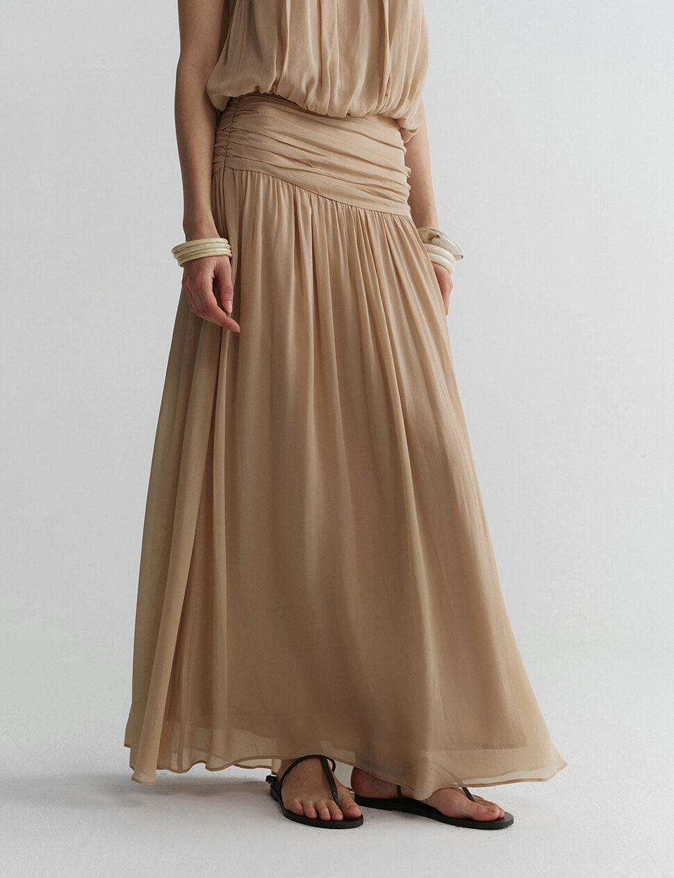 Ruched Waist Chiffon Maxi Skirt in Champagne-PREORDER