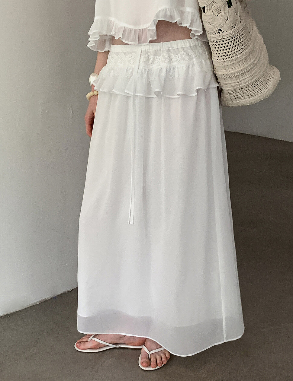 White Ruffle Waist Maxi Skirt-PREORDER
