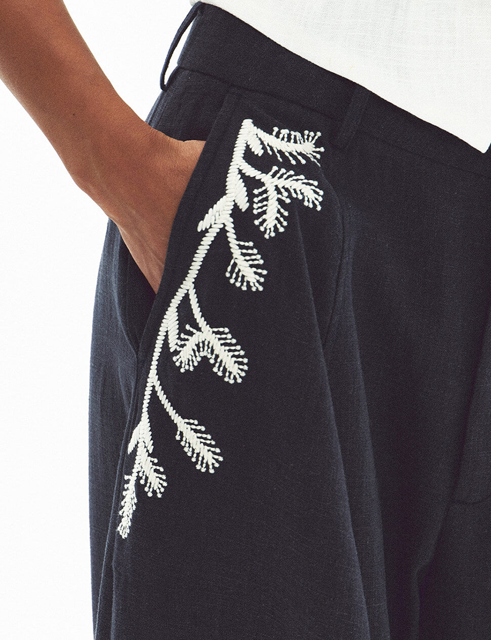 Embroidered Wide-Leg Trousers in Navy-PREORDER