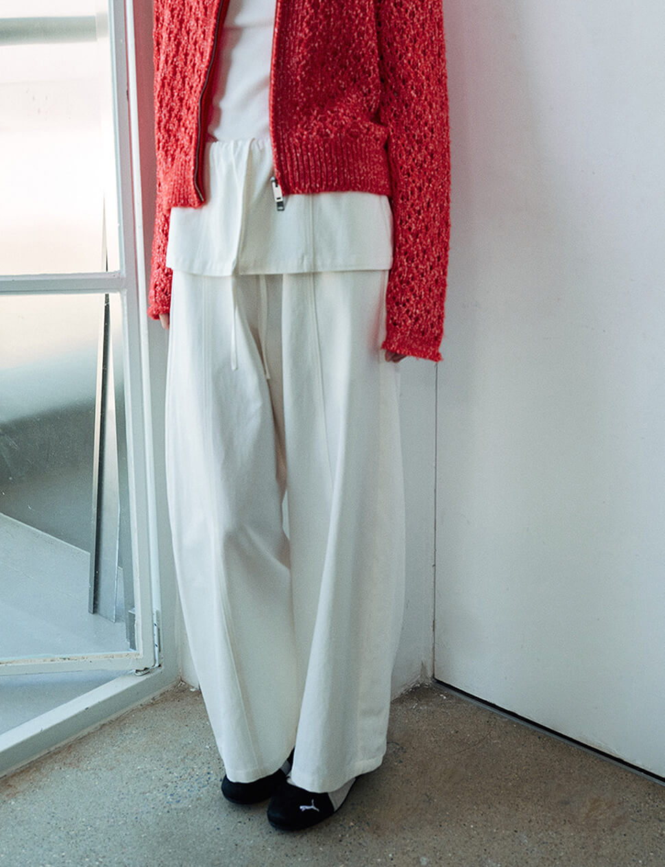 White Cotton Crop Barrel Leg Pants With Skirt Overlay-PREORDER