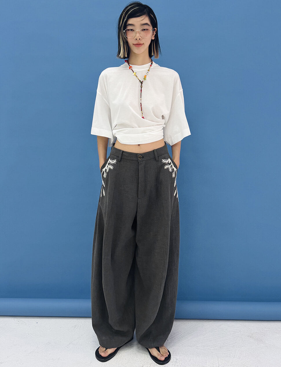 Embroidered Wide-Leg Trouser in Grey-PREORDER
