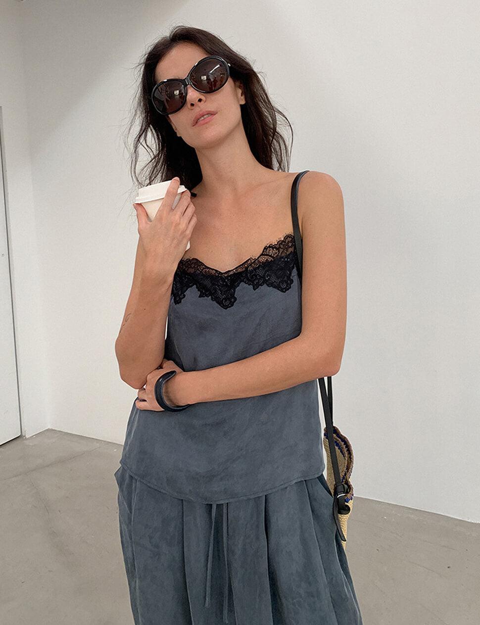 Lace Trim Slip Cami Top in Slate-PREORDER