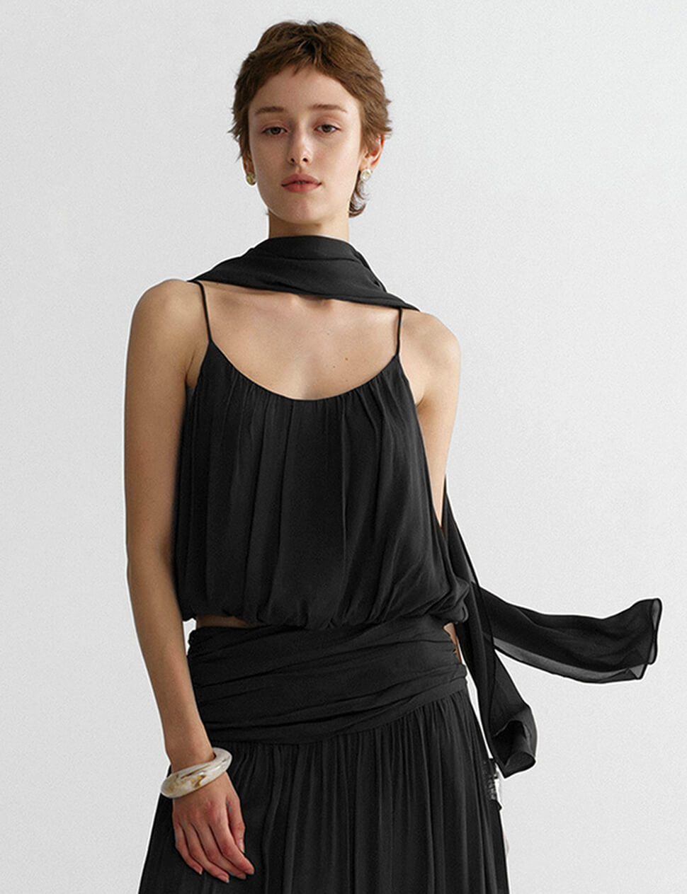 Black Chiffon Bubble Cami Top with Scarf-PREORDER