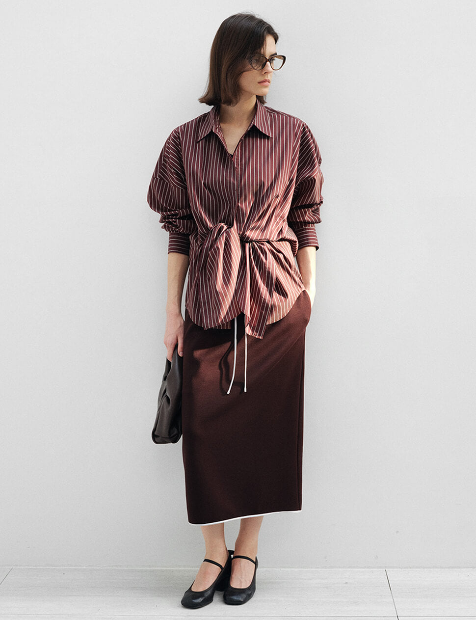 Burgundy Striped Tie Waist Oversized Shirt-PREORDER