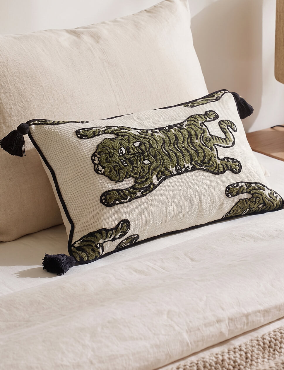 Tiger Embroidered Lumbar Pillow Cover