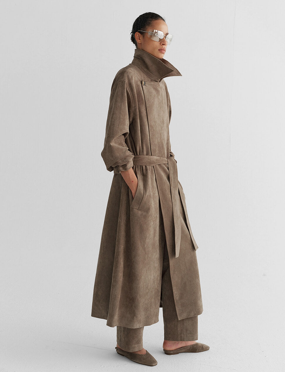 Taupe Oversized Suede Wrap Trench Coat-PREORDER
