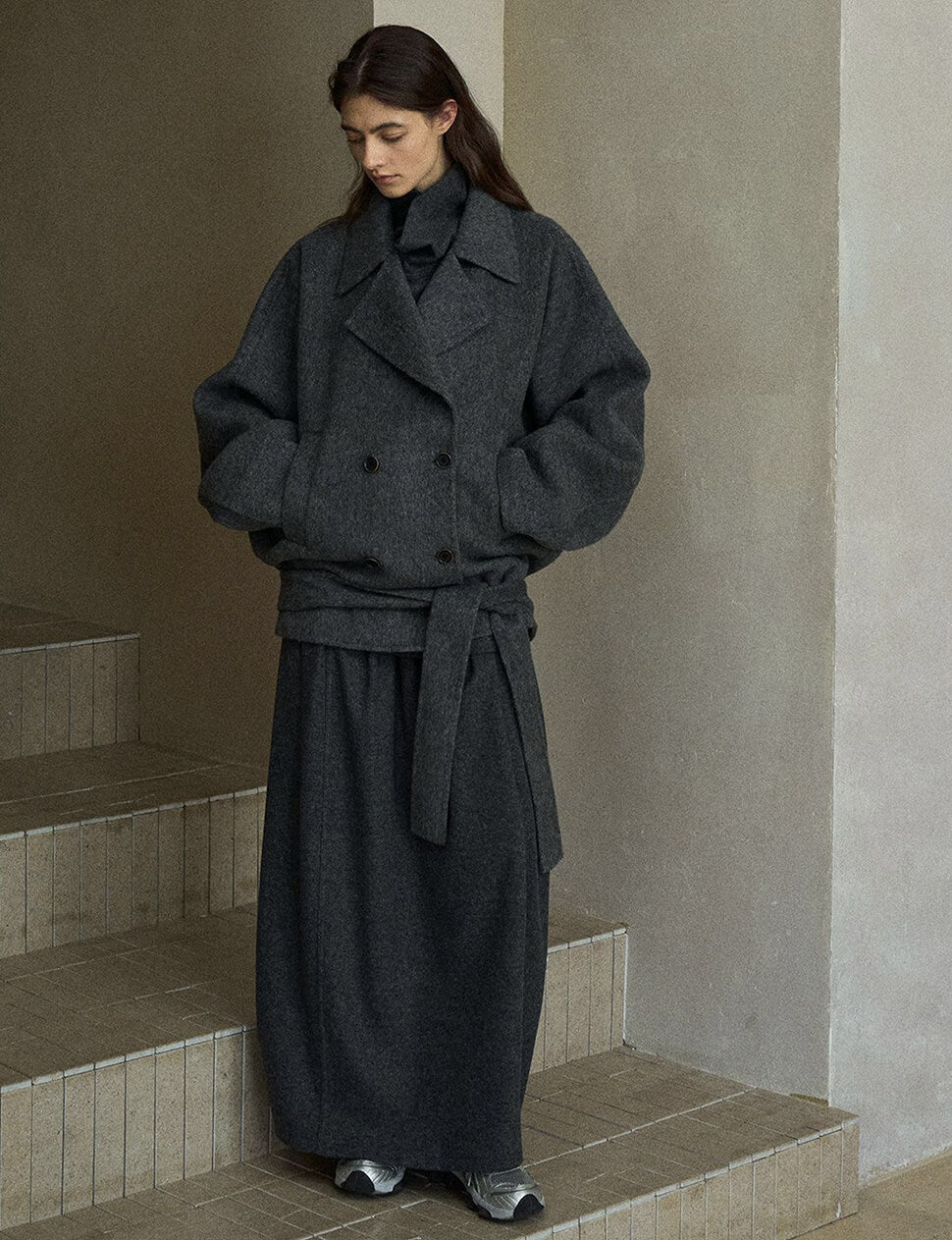 Gray Drop Belted Coat-PREORDER