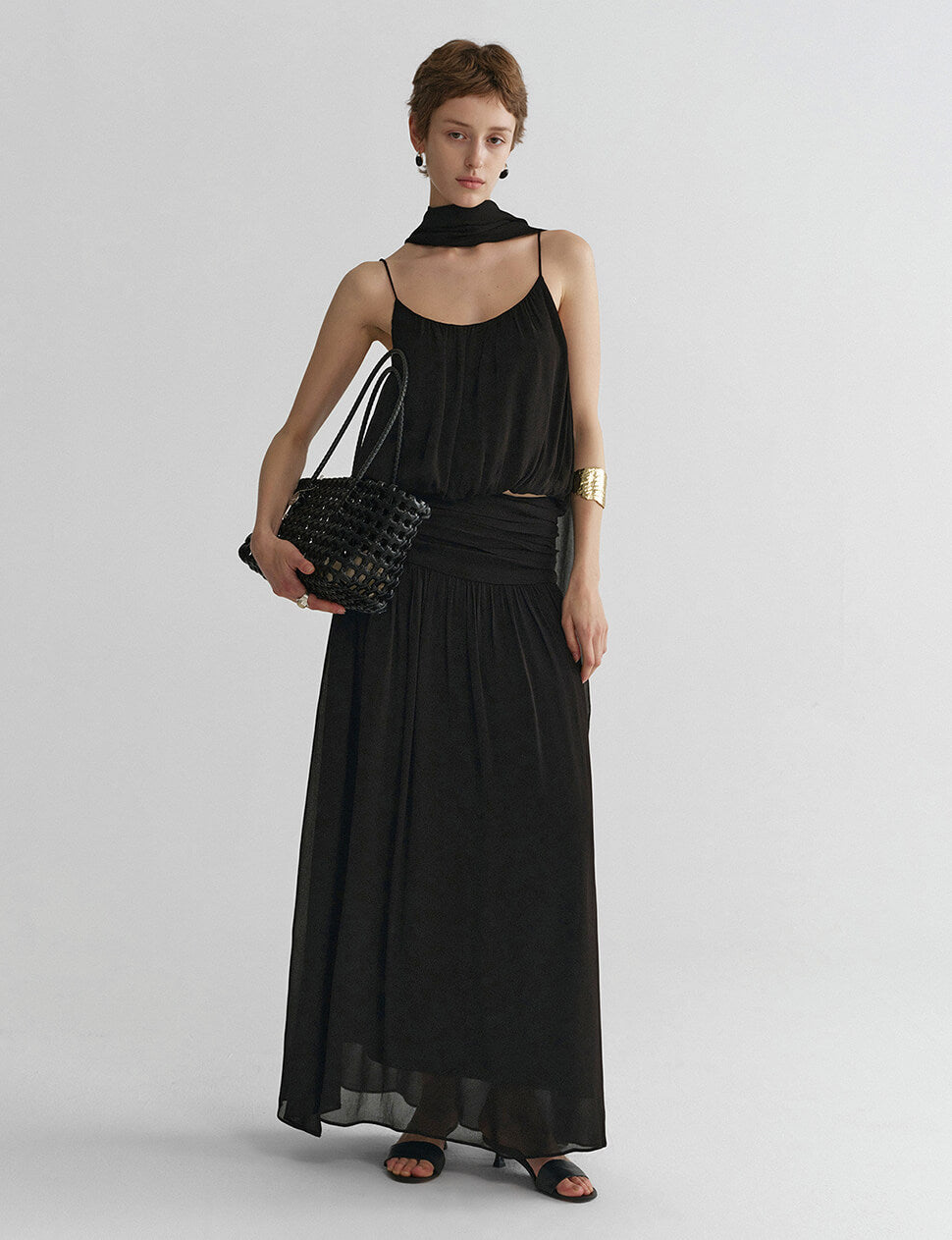 Ruched Waist Chiffon Maxi Skirt in Black-PREORDER