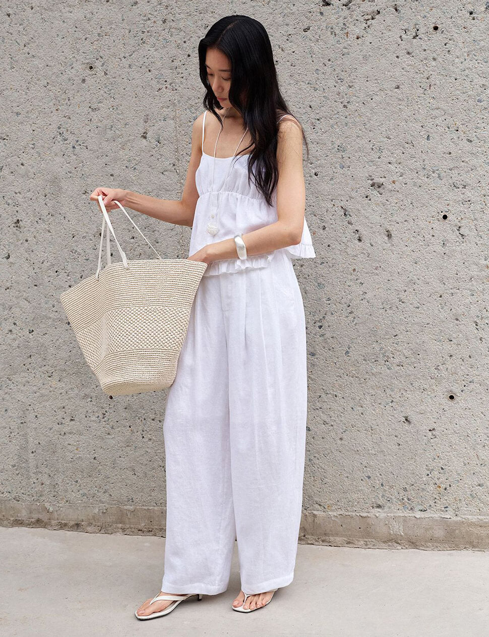Barrel-Leg Linen Pant in White-PREORDER