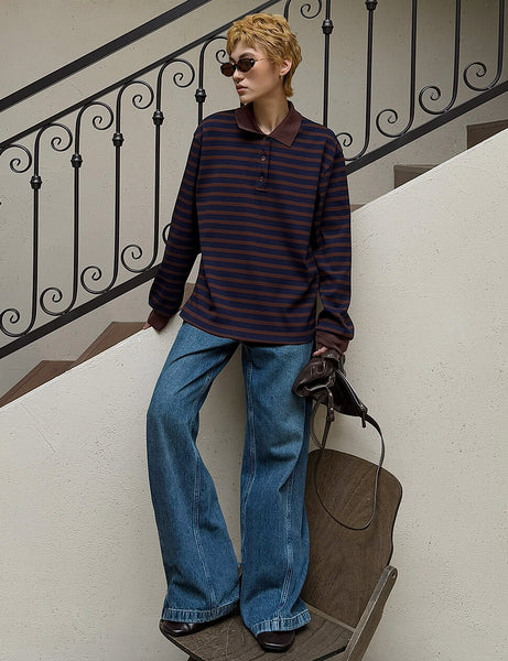 Brown and Navy Striped Knit Polo