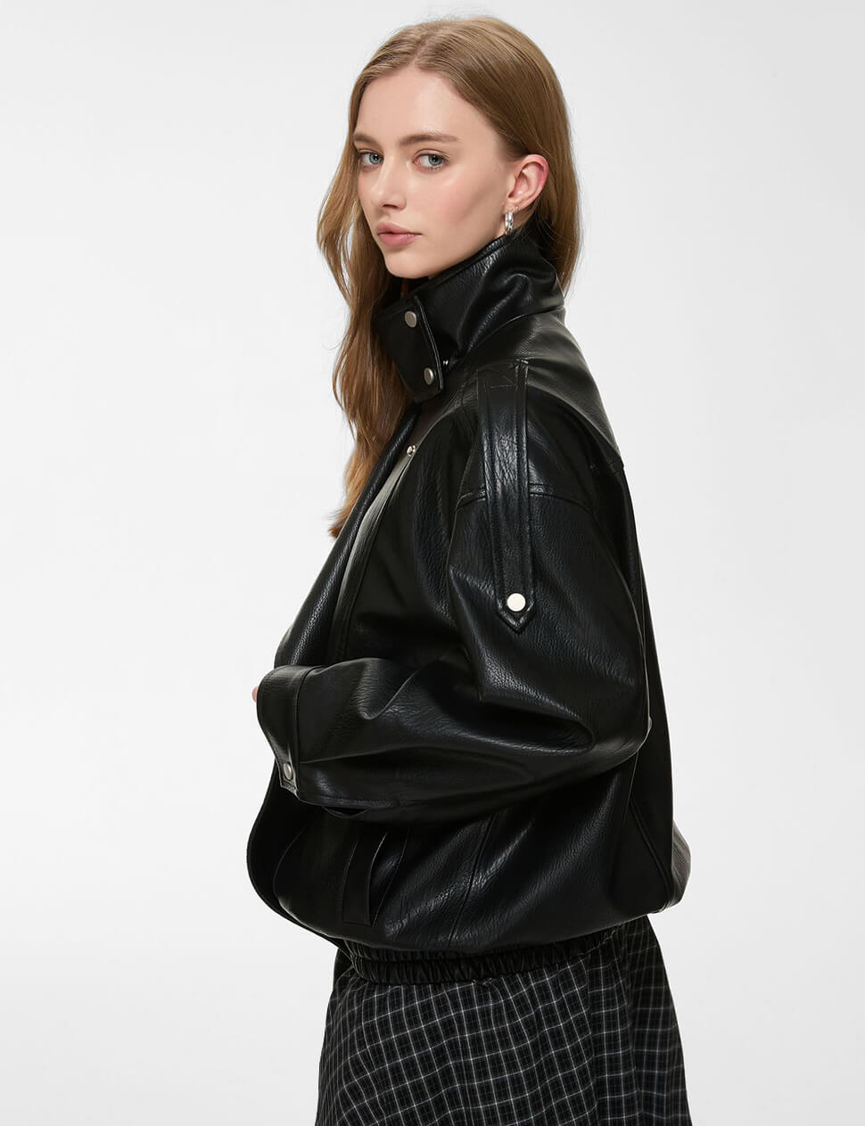Black Oversized Snap-Collar Leather Moto Jacket-PREORDER