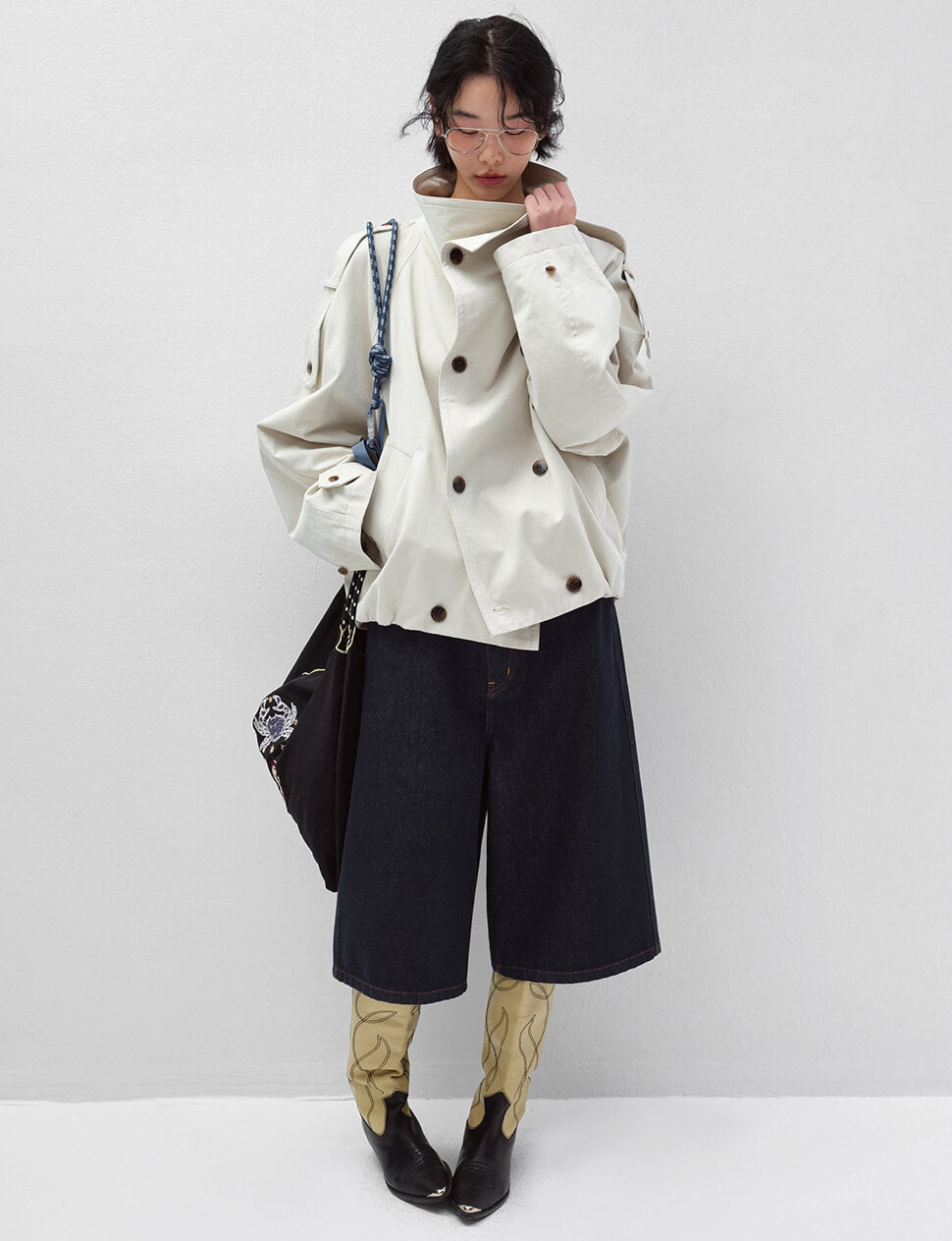 Beige Cropped Funnel Neck Trench Jacket-PREORDER