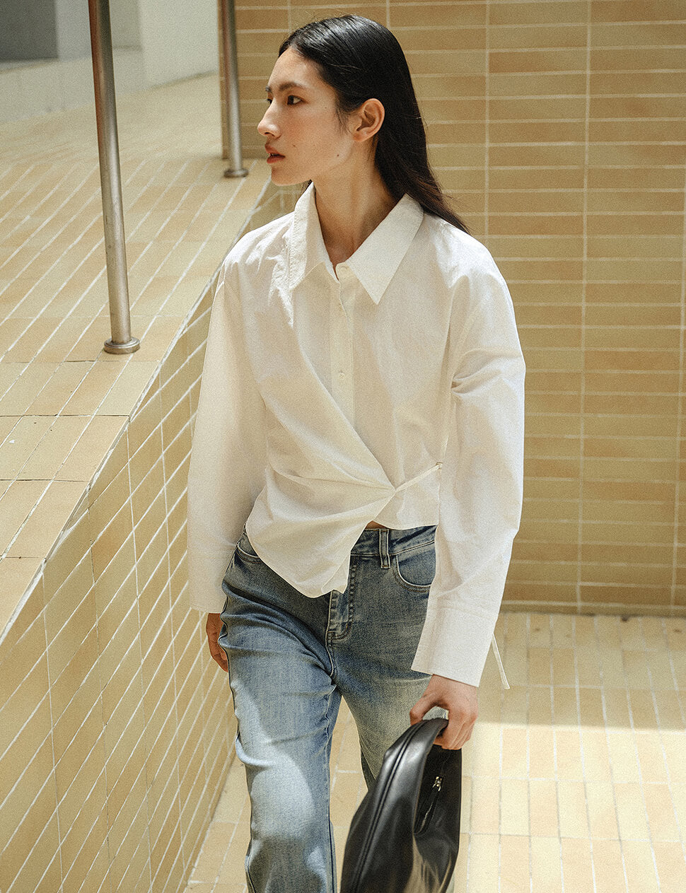 White Asymmetric Twisted Front Cropped Shirt-PREORDER