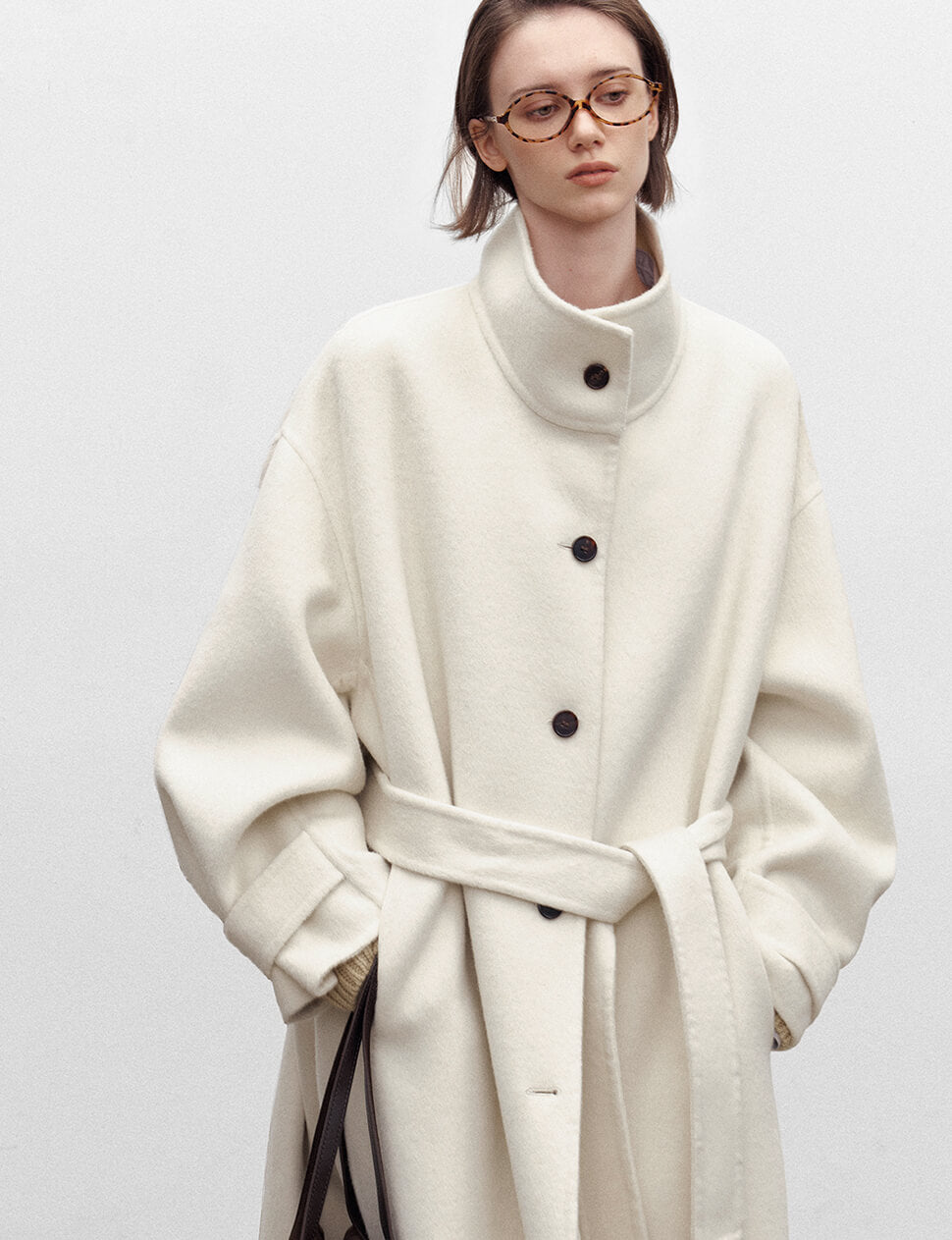 Ivory Funnel Neck Belted Coat-PREORDER